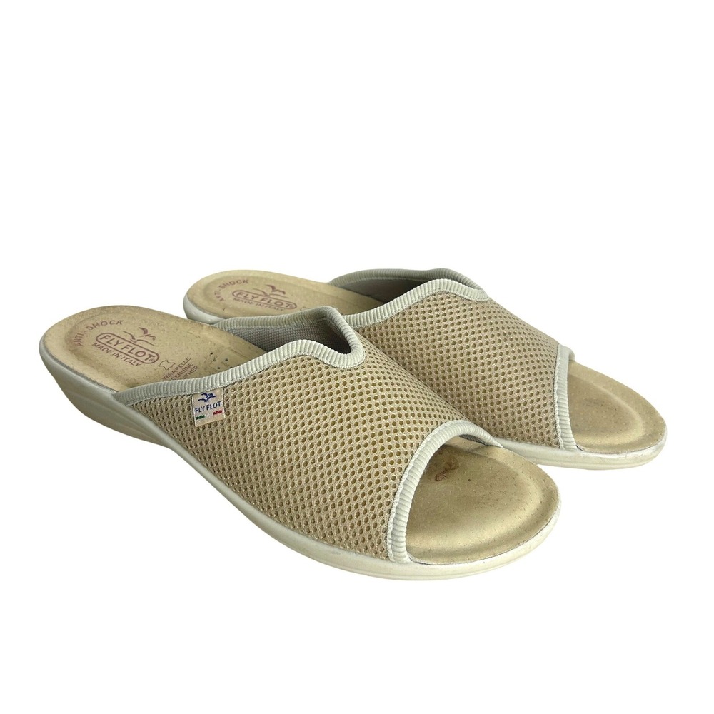 Fly Flot Slide Sandals Women 41 Tan Mesh Anatomic Wedge Travel minimal Comfort